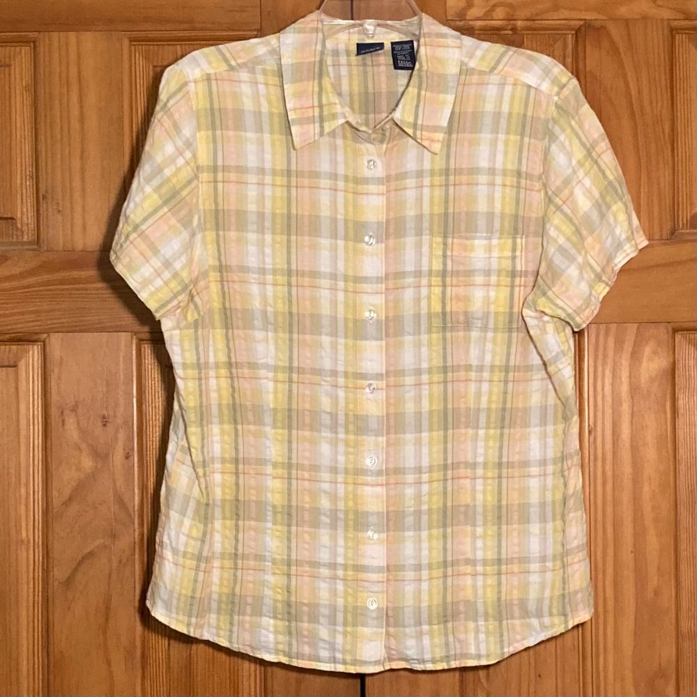 NWOT Basic Editions Vintage 90s Top Short Sleeve Blouse Plaid Yellow White Sz XL